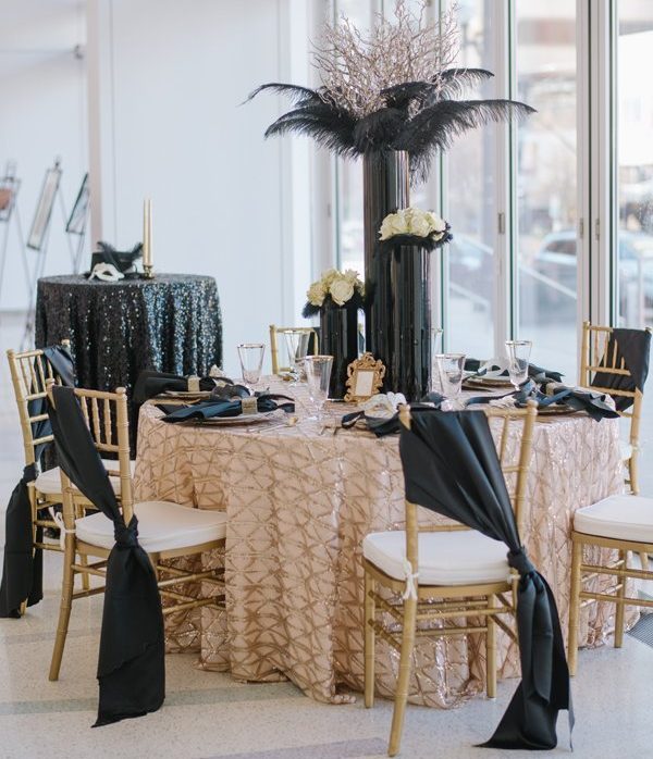black tie event, sequin tablecloth, chair ties, luxury event