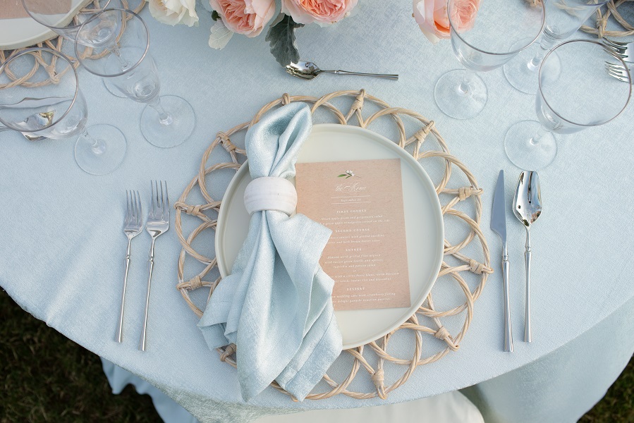 light blue tablecloth, ice blue tablecloth, ice blue napkin, wicker placemat
