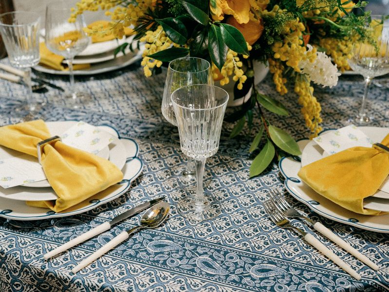 Block print event linen styled with natural textures and ceramics