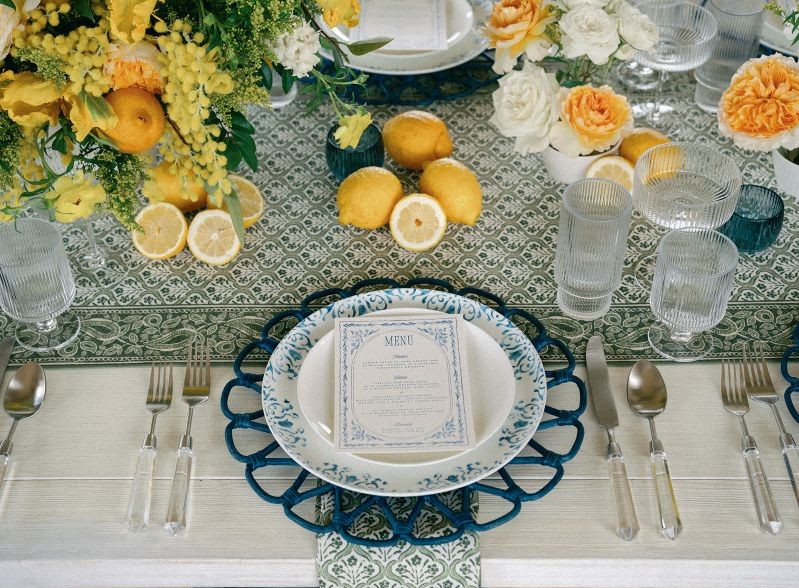 Green block print table runner with floral and border design
