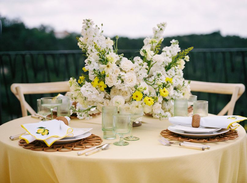 Verona Honey tablecloth rental featuring golden honey hue and organic slub weave texture from Sorrento Sunkiss collection