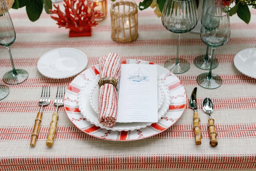 Polished red linen tablecloth detail