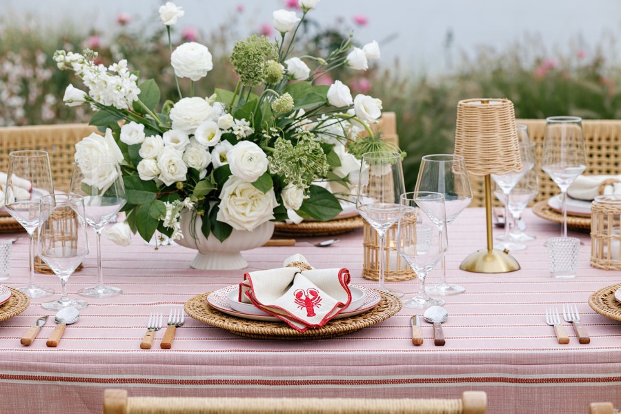 Coastal tablescape with pink and red striped linen