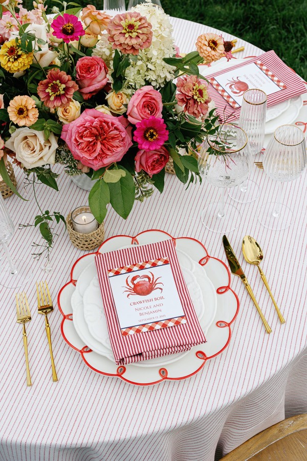 Ticking Crimson striped table linen detail