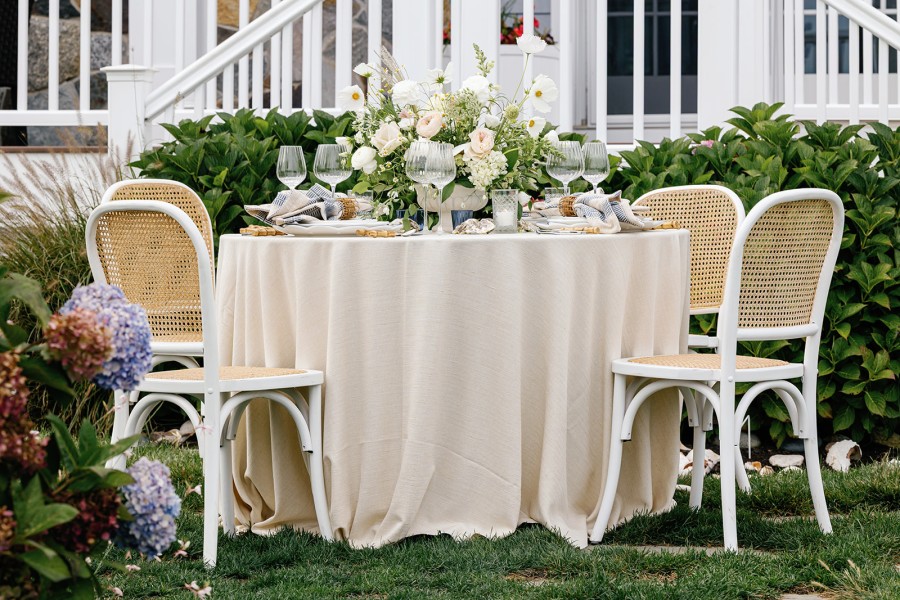Harbor Point sand linen styled for dinner