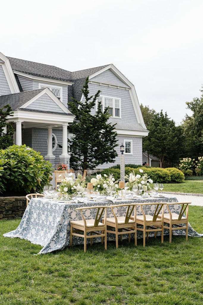 Blue floral embroidered linen inspired by classic yacht club style