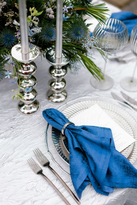 Elara Frosted silver and white table linen under candlelight