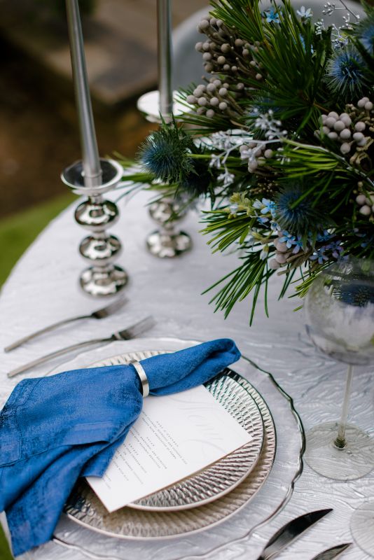 Luxury table linen styled for black-tie celebration