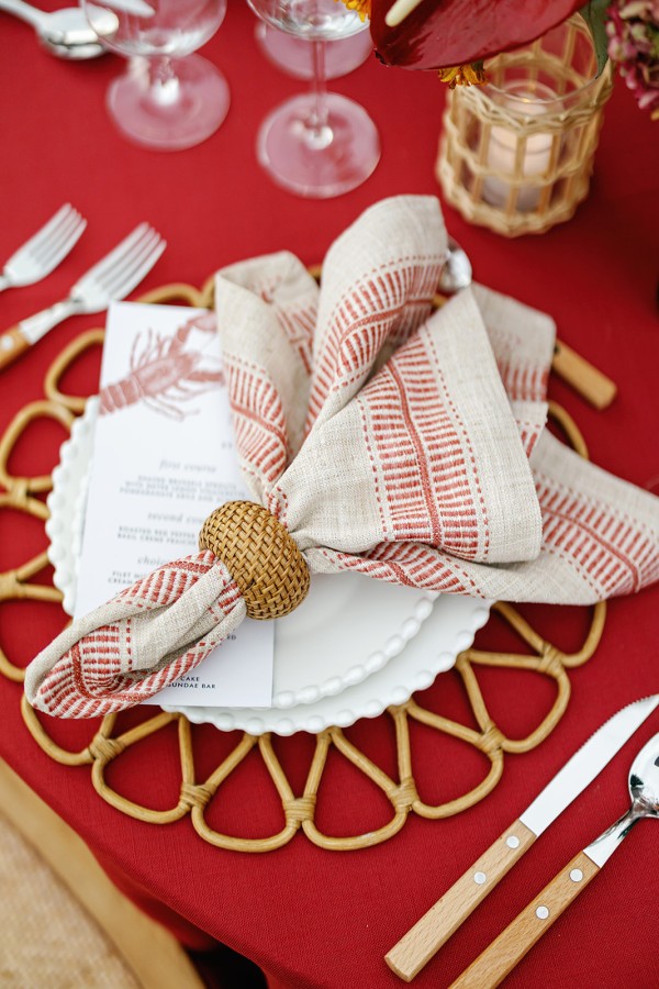 Heritage red tablecloth detail close-up