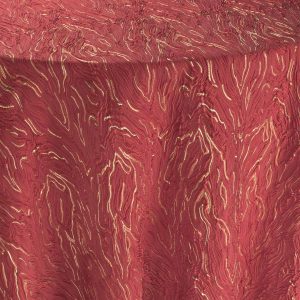 Elara Crimson red metallic tablecloth with gold accents for luxury wedding and holiday table settings