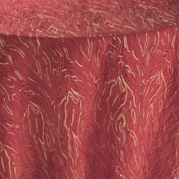 Elara Crimson red metallic tablecloth with gold accents for luxury wedding and holiday table settings