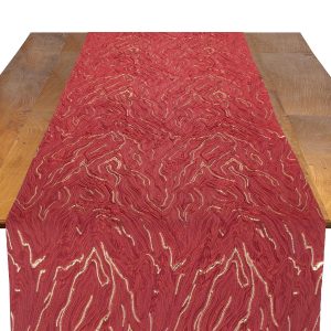 Elara Crimson gold red metallic table runner with flowing pattern for holiday and wedding events