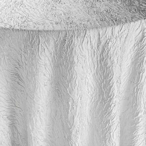 Elara Frosted silver and white metallic tablecloth for winter wedding and elegant event settings